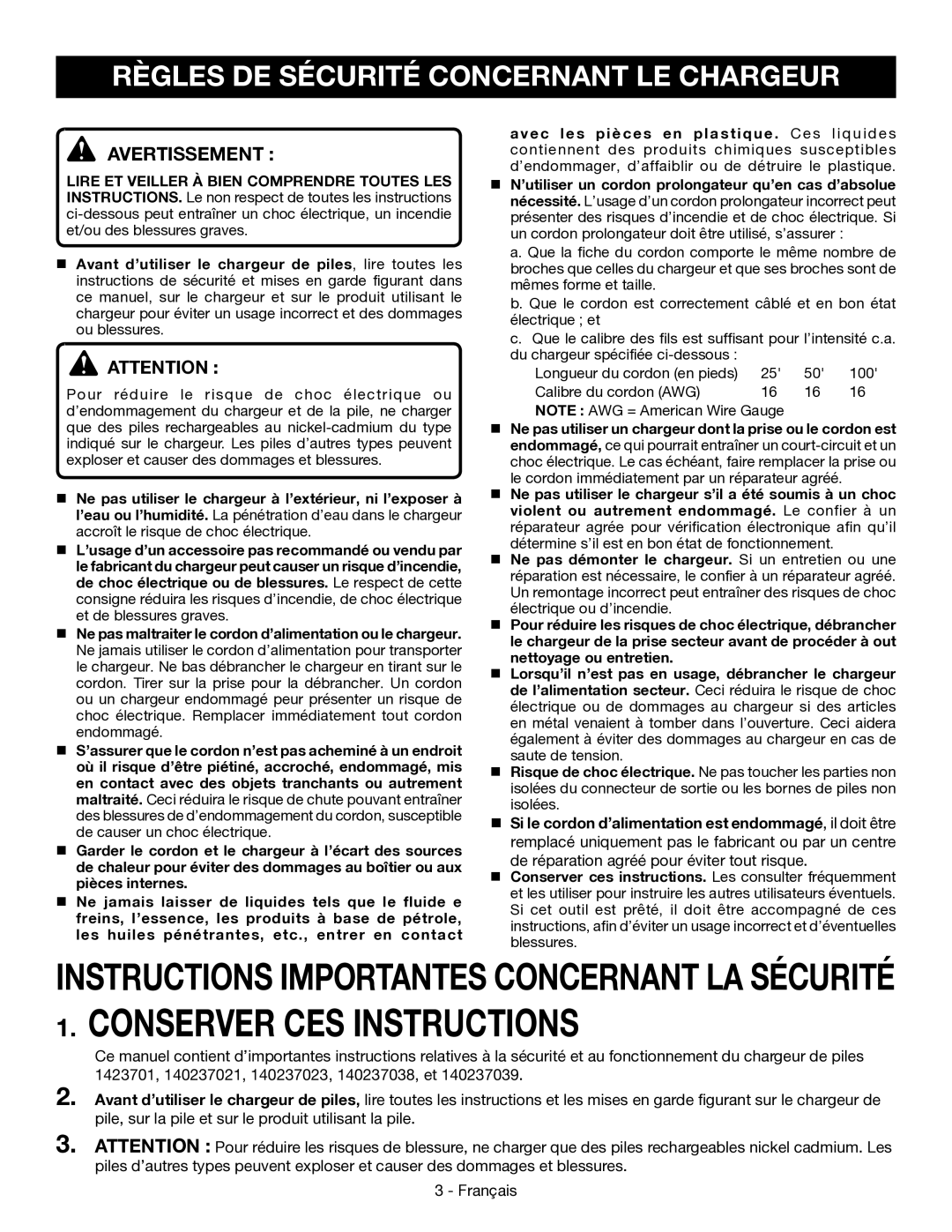 Ryobi P110 manuel dutilisation Règles DE Sécurité Concernant LE Chargeur, Avertissement  